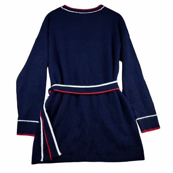 Vigoss Navy Longline Belted Cardigan Sz M Pearl Gold Buttons Nautical Trim NWT - Picture 4 of 8